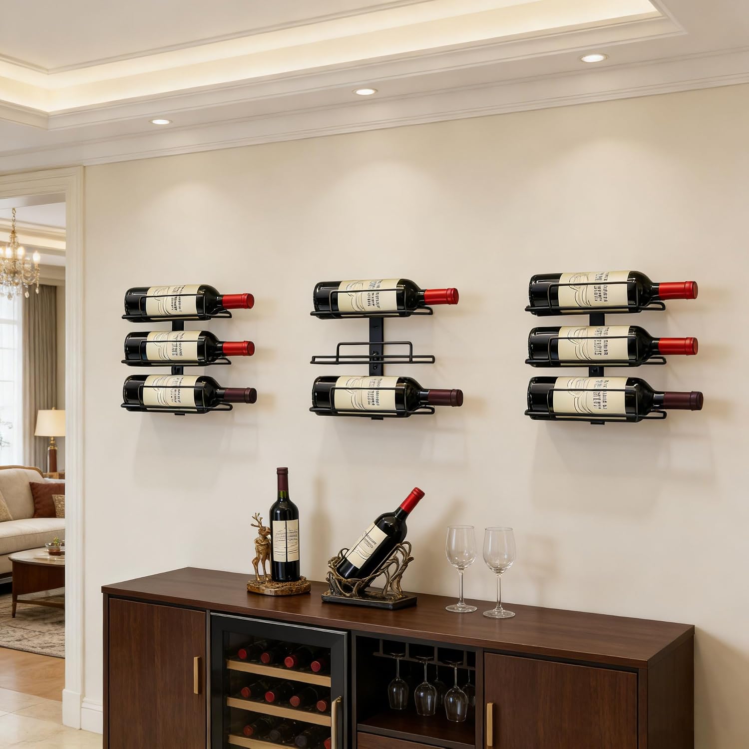 Wall Mount Wine Rack – 9 Bottles – Black Metal Wine Bottle Holder for Wall, Wine Rack Display for Home Bar, Kitchen
