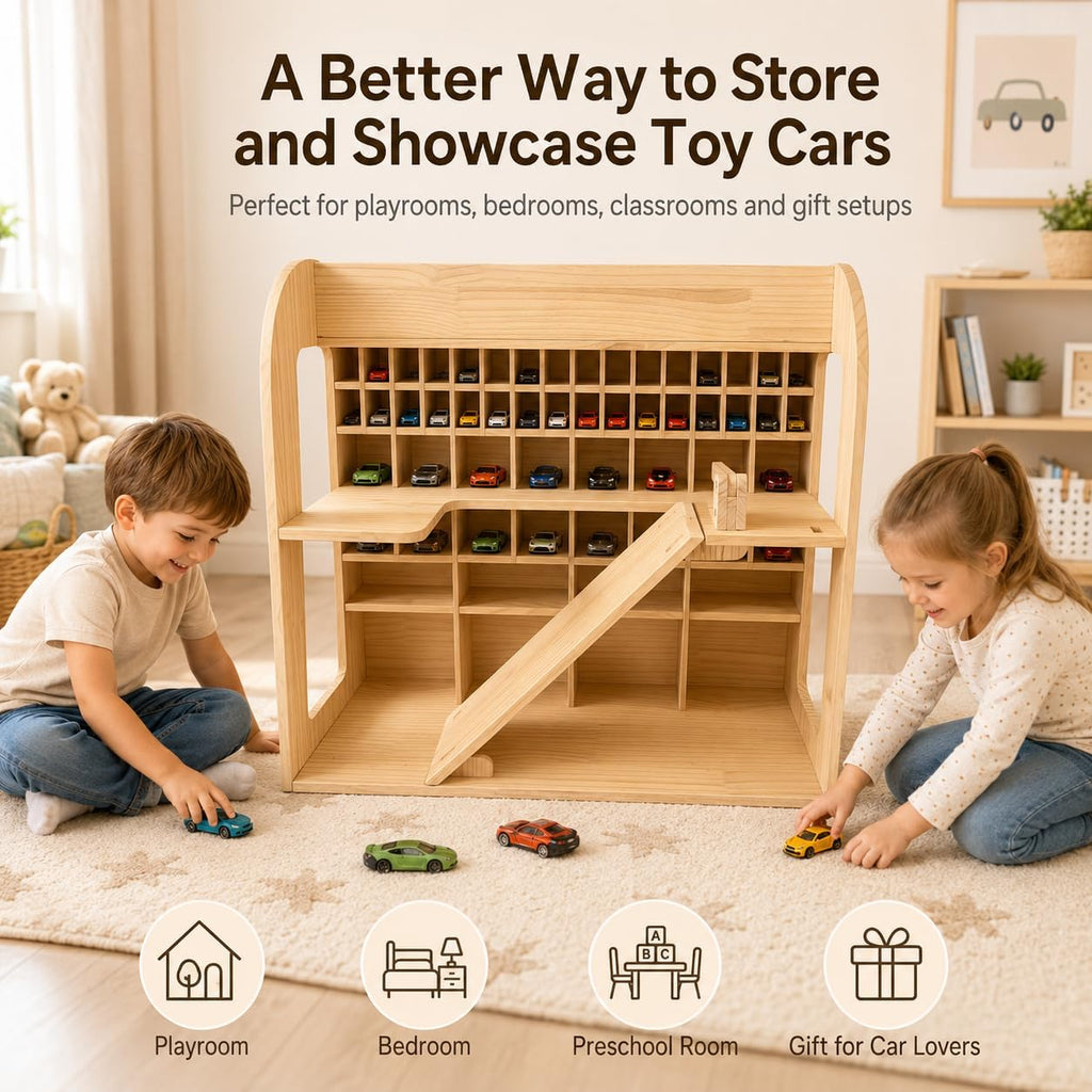 Wooden Toy Car Garage, Pine Wood Parking Garage with Ramp, Kids Vehicle Storage Organizer, Multi-Level Display Shelf for Playroom, Gift for Boys and Girls
