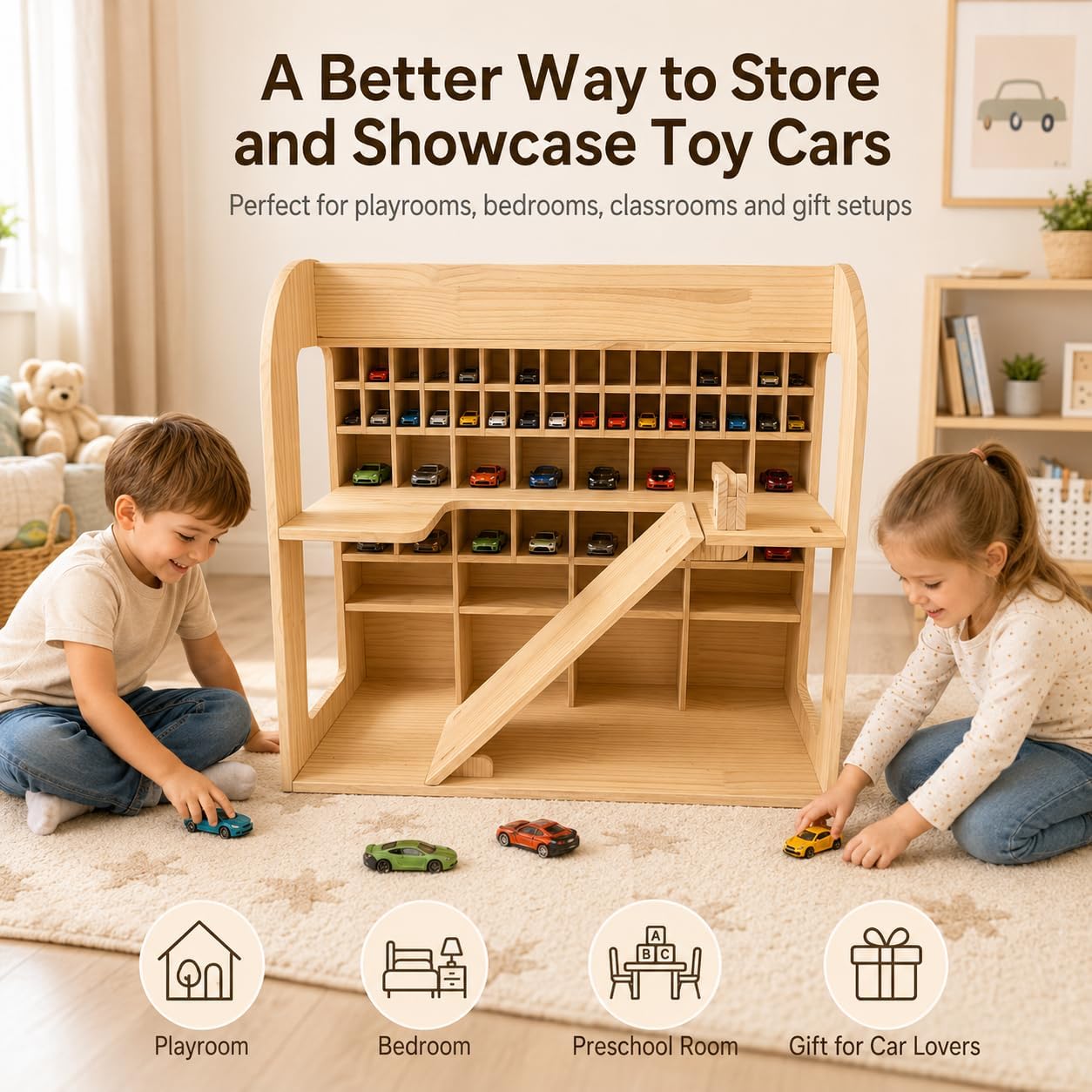 Wooden Toy Car Garage, Pine Wood Parking Garage with Ramp, Kids Vehicle Storage Organizer, Multi-Level Display Shelf for Playroom, Gift for Boys and Girls