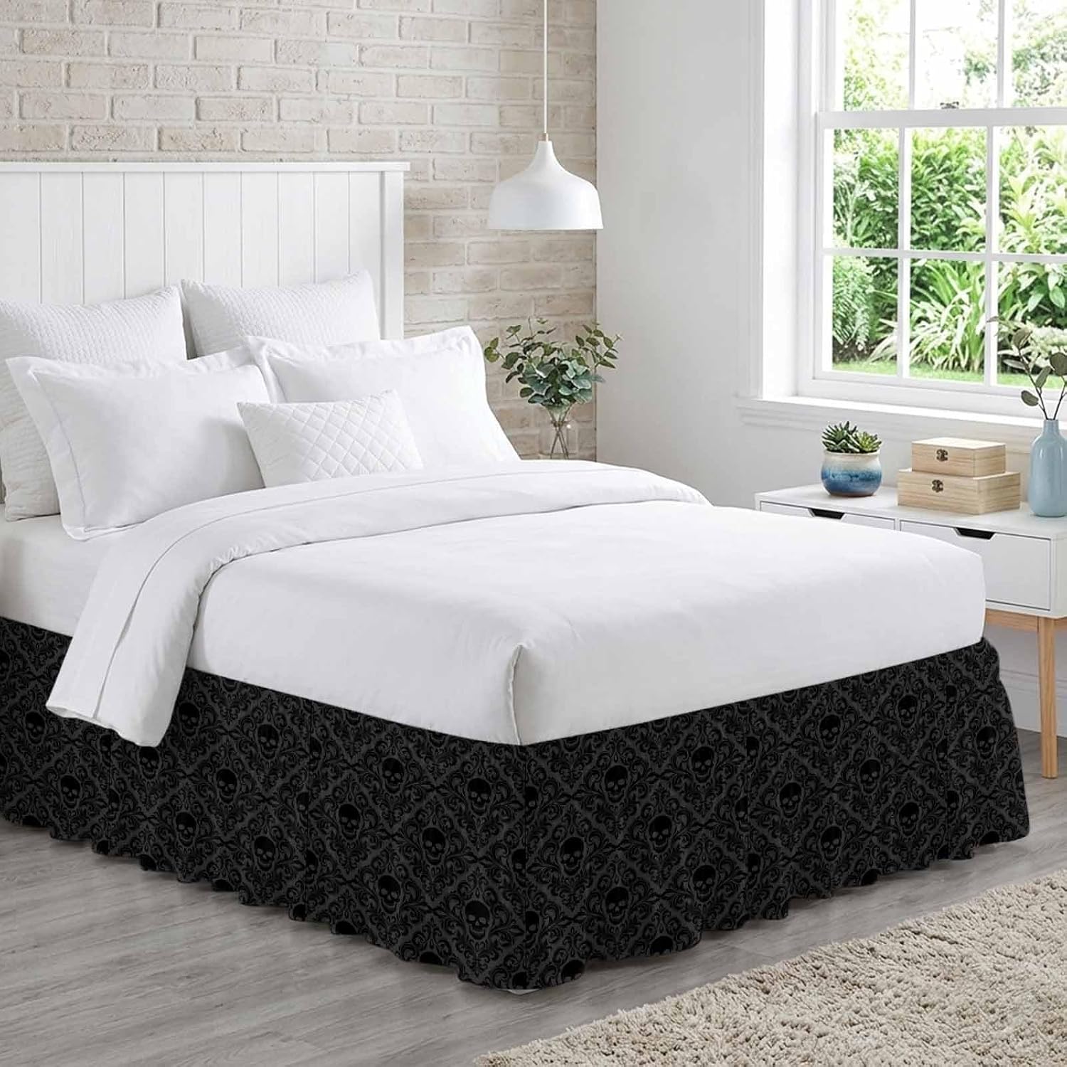 Black Skeleton Bed Skirt Queen Size 16 Inch Drop, Adjustable Elastic Bedskirt Dust Ruffle for Queen Bed, Light Blue Horror Skull Vintage Chic Art Wrap Around Bed Skirts Pleated Bed Frame Cover