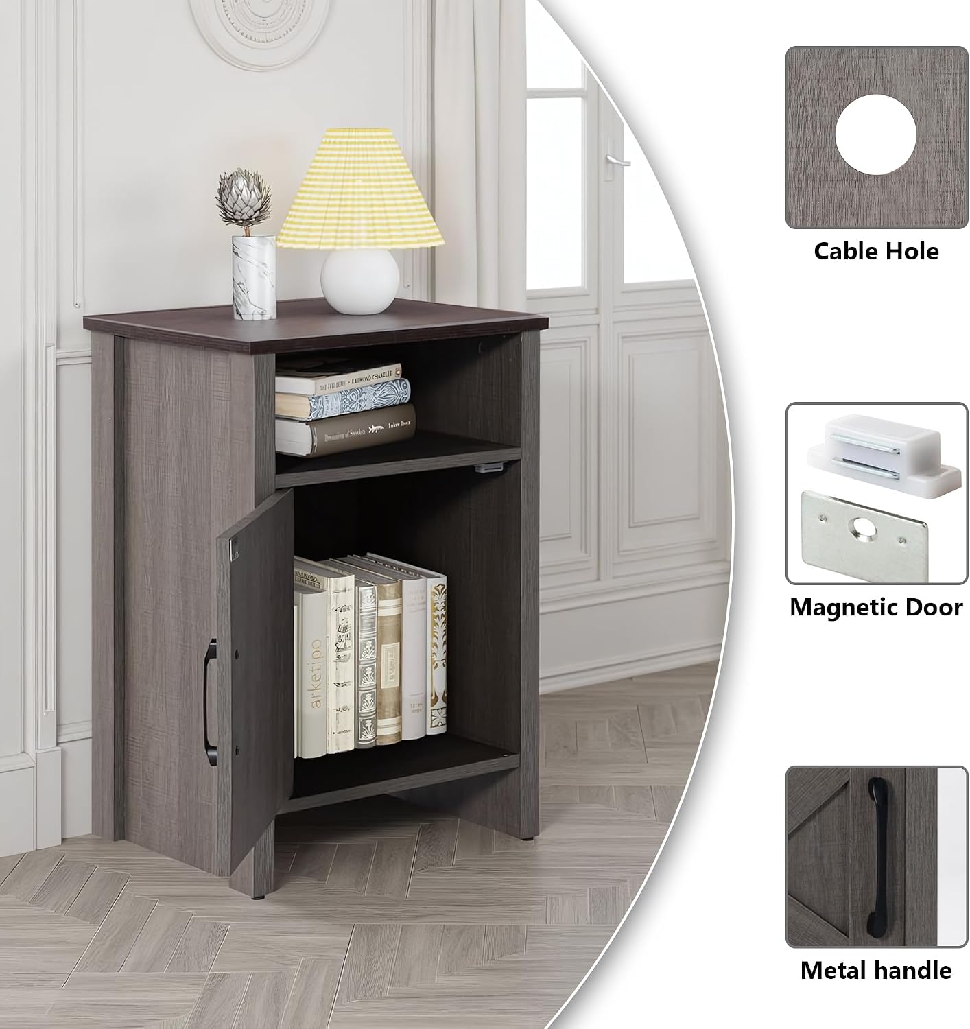 leovanni Farmhouse Nightstand Set of 2, Barn Door with Storage Shelf Rustic Wood Bedside Table, End Side Tables for Living Room, Bedroom, Office, Grey
