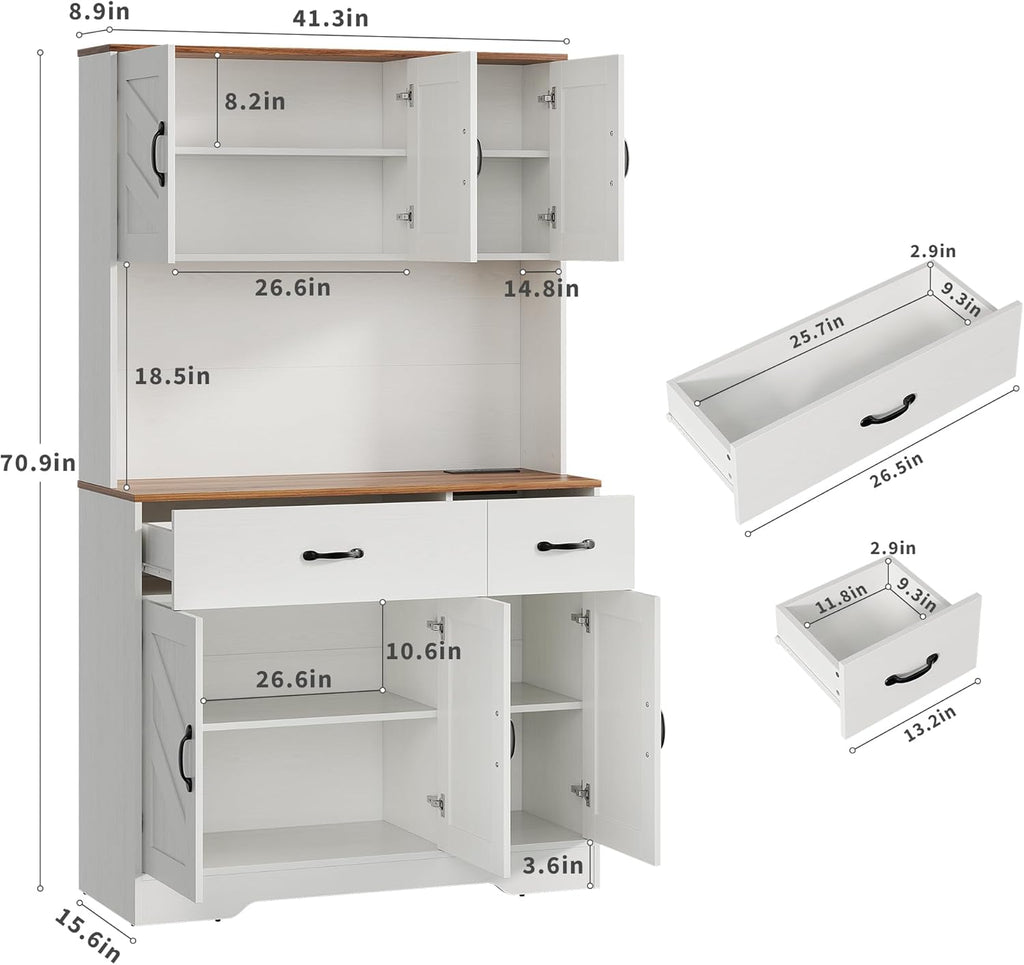 IDEALHOUSE 71" Kitchen Pantry Storage Cabinet with Charging Station, Farmhouse Kitchen Hutch Cabinet with 2 Storage Drawers, Large Food Pantry with Microwave Stand for Dining Room,Living Room,White