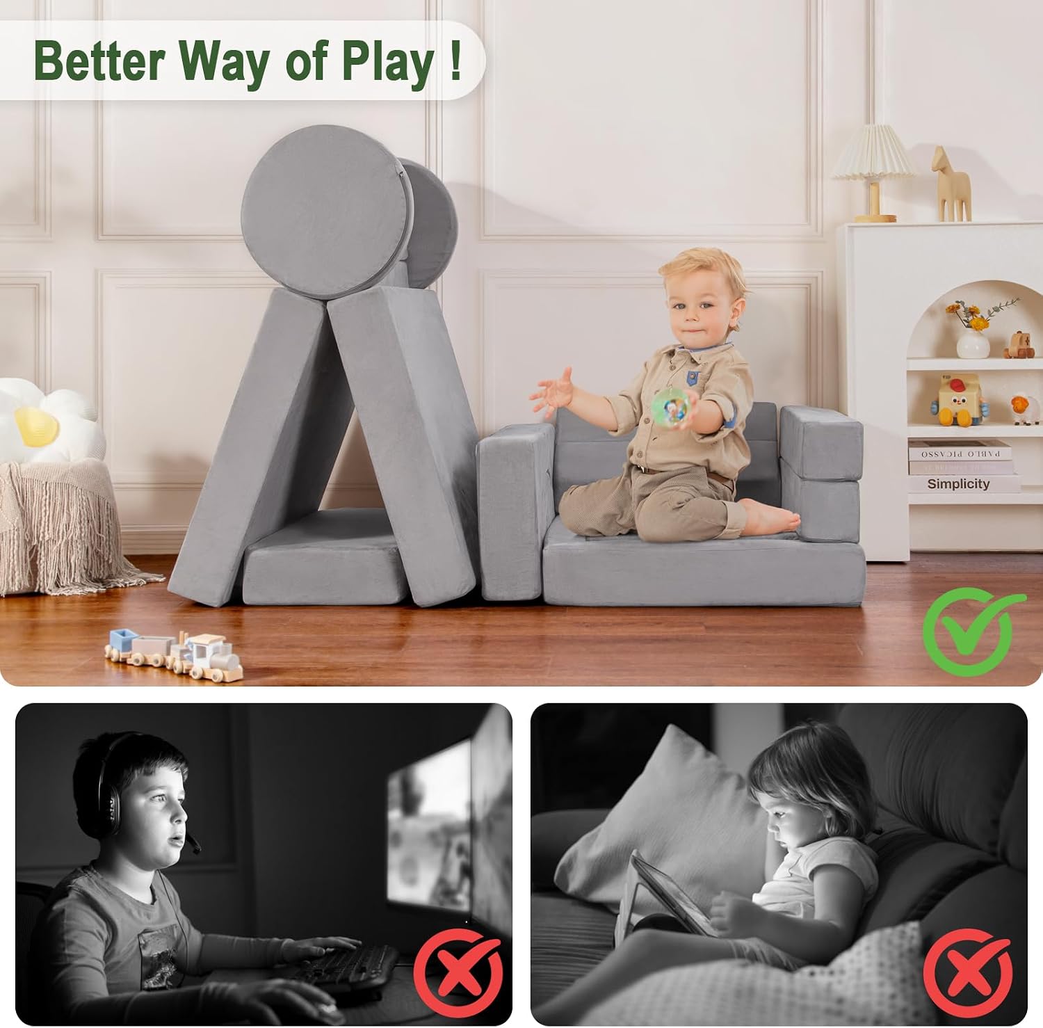 Kids Play Couch 15PCS, Modular Foam Sofa, Convertible Kids Play Set | Kids Play Couch 15PCS, Convertible Kids Furniture, Ideal for Playroom, Reading, Playing and Relaxing
