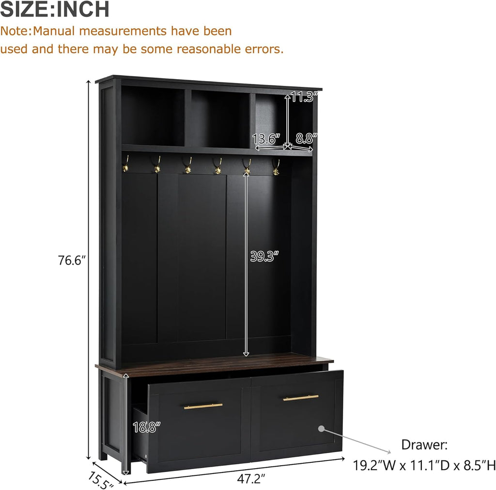 Merax 4-in-1 Hall Tree with Bench, Modern Versatile Multiple Storage Space with 6 Golden Hooks, 2 Drawers, Entryway Coat Rack for Living Room, Hallway, Black