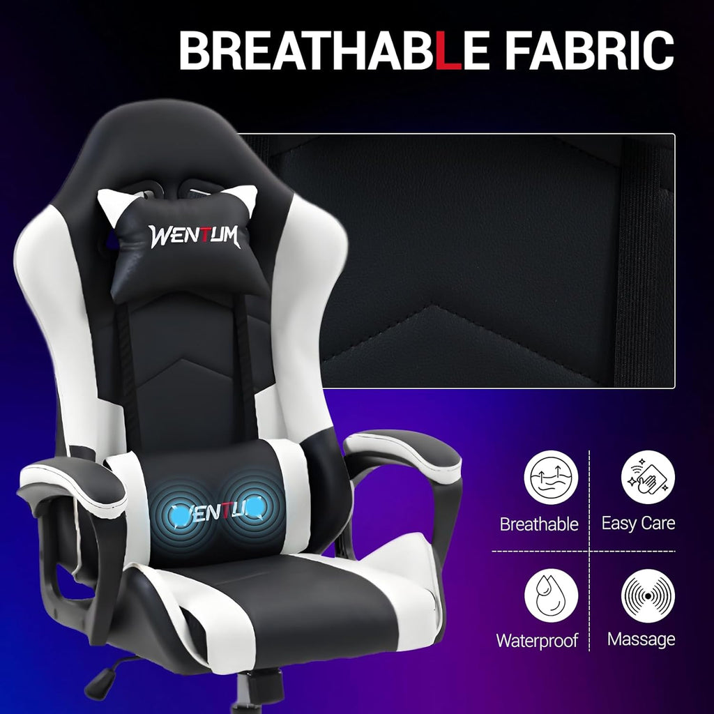 Ergonomic Massage Gaming Chair for Kids Adults, Comfy PU Leather Office Desk Chair with Adjustable Headrest Lumbar Support 360 Swivel, White