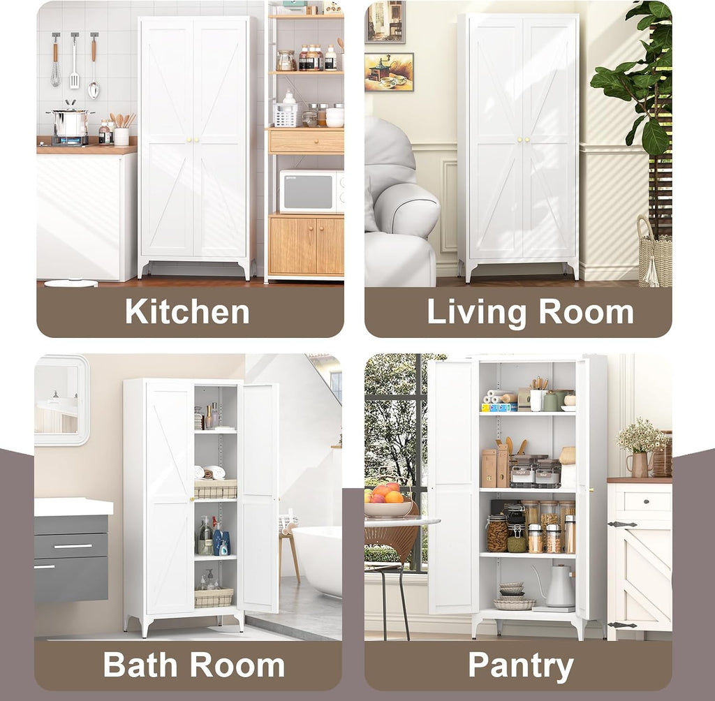 Metal 2 Doors Kitchen Pantry Cabinet with Adjustable Shelves 65 inch Tall Large Steel Cabinet Locker Utility Kitchen Cupboard for Living Room, Dining Room and Office (White)