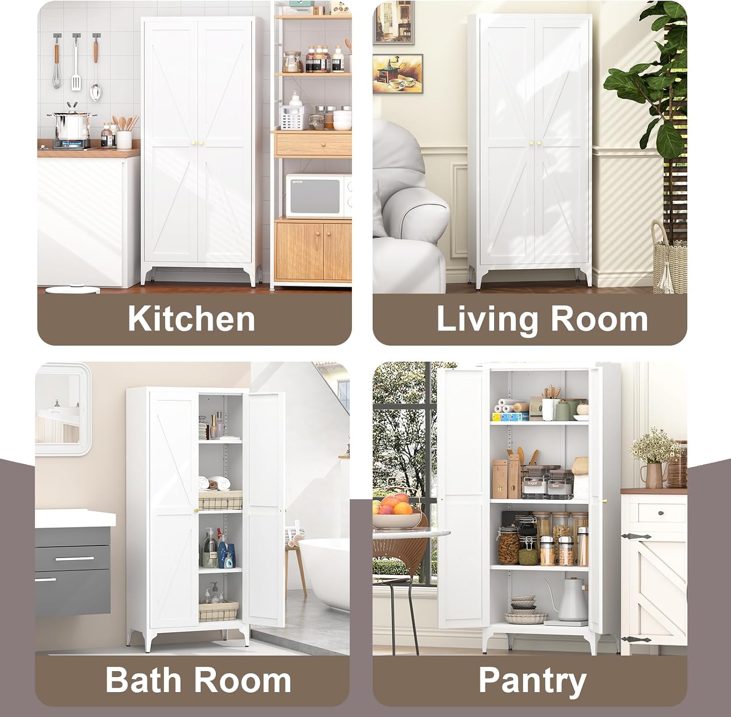 Metal 2 Doors Kitchen Pantry Cabinet with Adjustable Shelves 65 inch Tall Large Steel Cabinet Locker Utility Kitchen Cupboard for Living Room, Dining Room and Office (White)