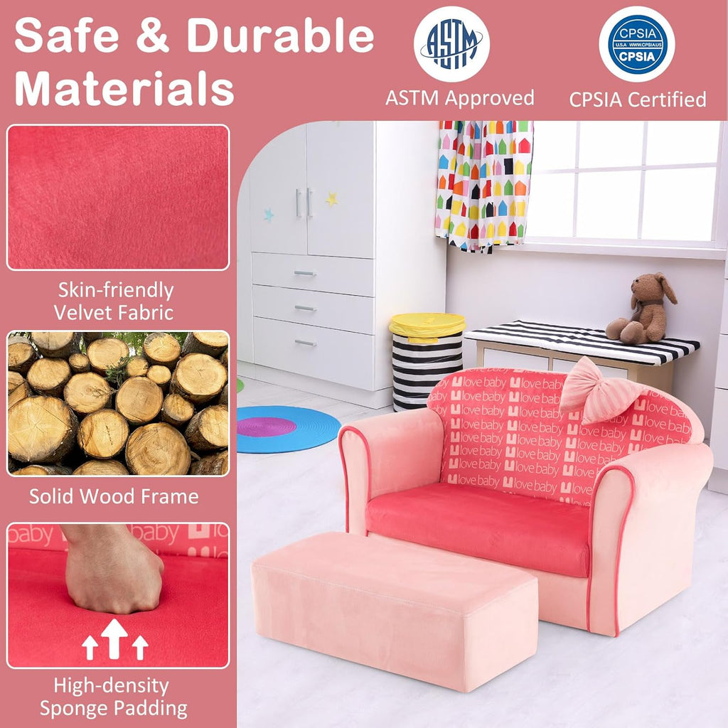 HONEY JOY Pink Toddler Couch, Comfy Chair w/Ottoman, Cute Bow, Lightweight Playroom Furniture w/Velvet Cover & Wooden Frame, Princess Style Loveseat for Bedroom, Kids Sofa for Girls Boys