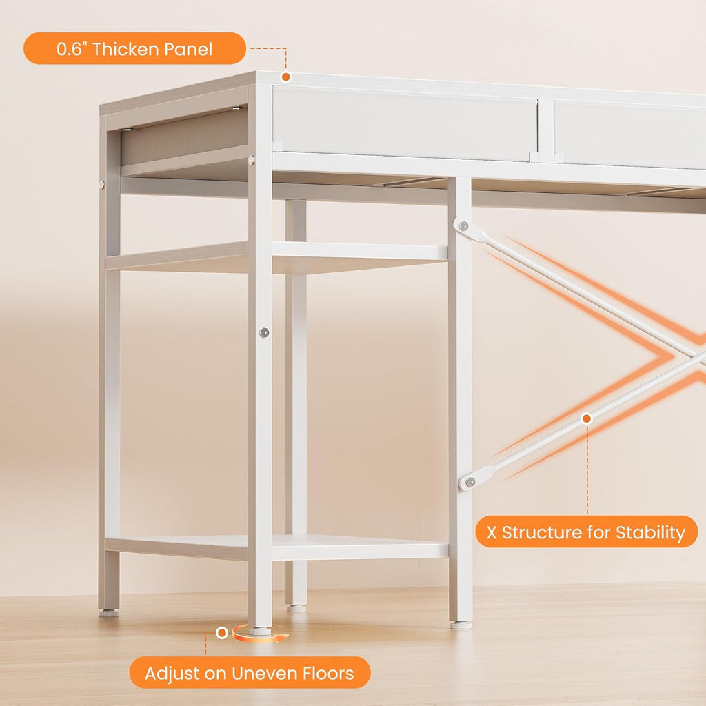 OLIXIS Computer Desk with 6 Drawers, 47 inch Office Desk with Storage Shelves, Reversible Gaming Desk, Corner Desk with Storage Drawers, Work for Home Office, Study, Living Room, White