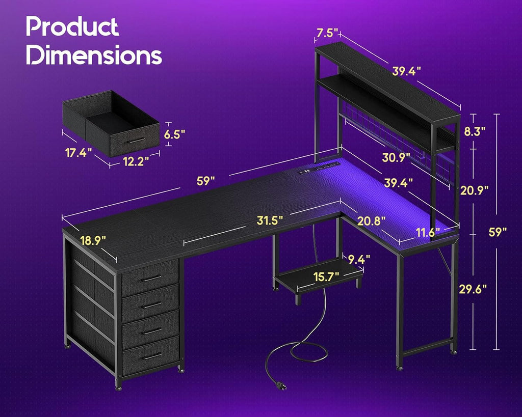 AODK L Shaped Gaming Desk with 4 Drawers, 59" Reversible Computer Desk with Hutch and Shelves, Gamer Desk with LED Lights, Power Outlets, Home Office Corner Desk with Gird Pegboard, Black