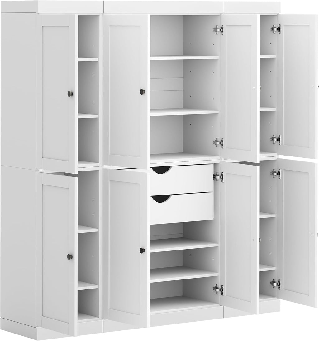 Palace Imports Solid Wood White Storage Cabinet - 71.5" Tall Kitchen Pantry Cabinet 65" Wide - 8 Wooden Shaker Doors, 2 Drawers & 12 Adjustable Shelves - 100% Eco-Friendly Wood, Made in Brazil