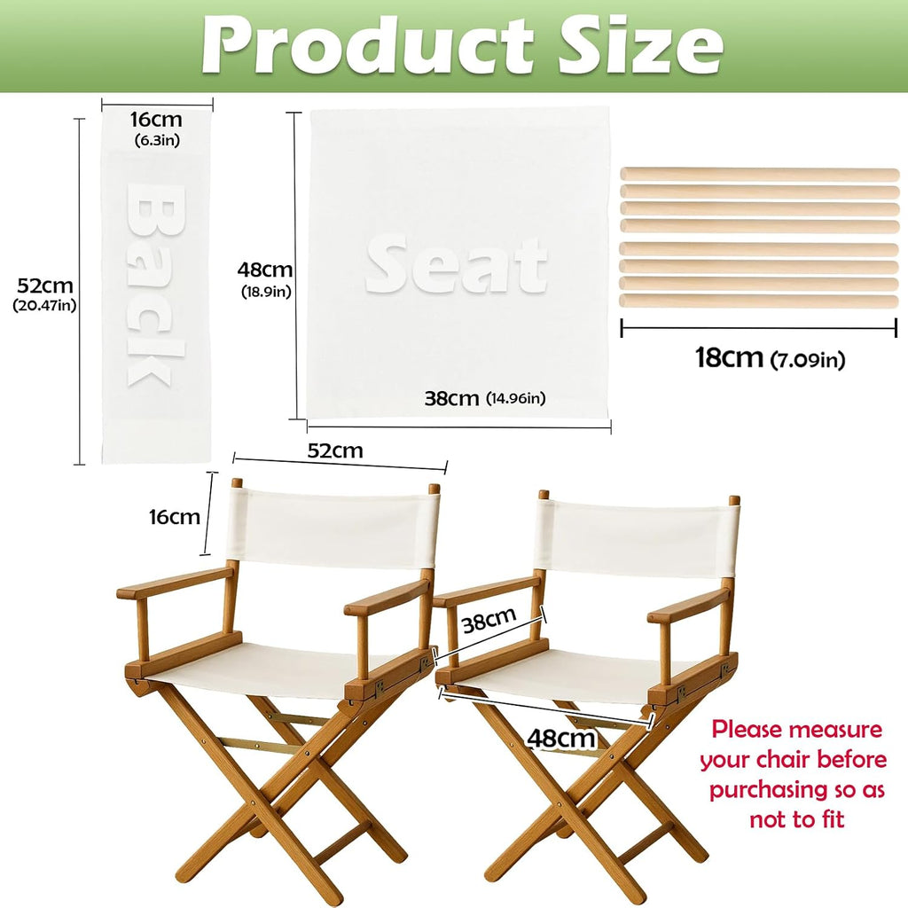 STAY GENT 18''L X 15''W 2 Set Directors Chair Replacement Canvas for 18'' Director Chairs, Replacement Cover Canvas Seat and 19.7''L X 6.3''W Back Covers Kit for Director Chairs Movie Chair, White