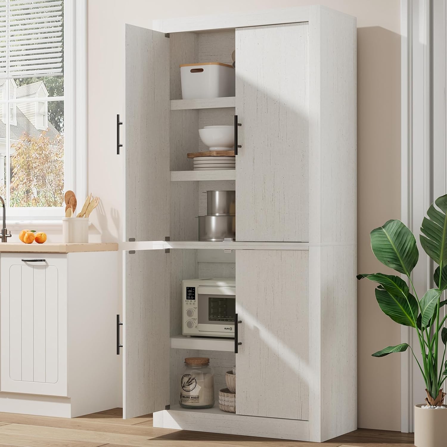 Tall Farmhouse Kitchen Pantry Cabinet, Wood Cabinet with 4 Doors & Adjustable Shelves, Sturdy Frame, Anti-Tip Design, Bookcase for Kitchen/Dining/Office, 70.45 Inches, Antique White