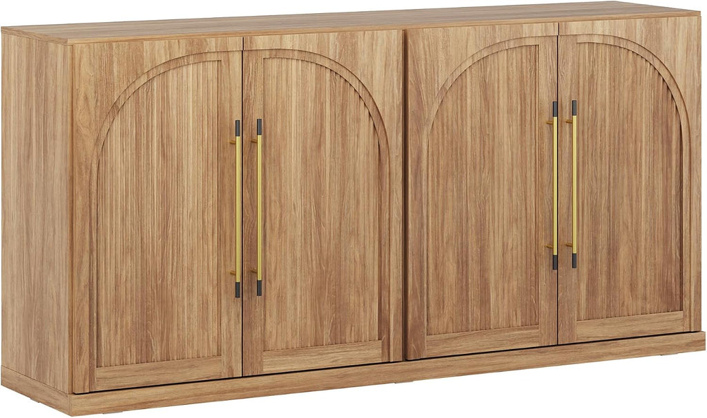 BELLEZE 65 Inch Sideboard Cabinet with Double-Arc Wood Doors, Large Buffet Cabinet with Storage and Adjustable Shelves, Classic Modern Console Table for Dining Room Living Room Entryway (Camel)
