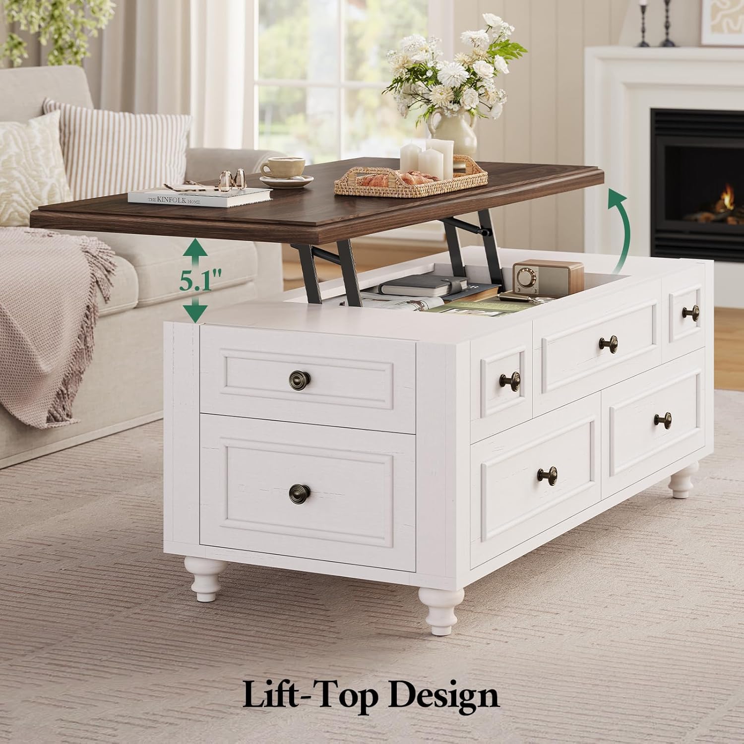 47.2" Lift Top Coffee Table with Storage, Farmhouse Coffee Table with Large Hidden Storage Compartment and 4 Drawers, Square Coffee Tables for Living Room, White