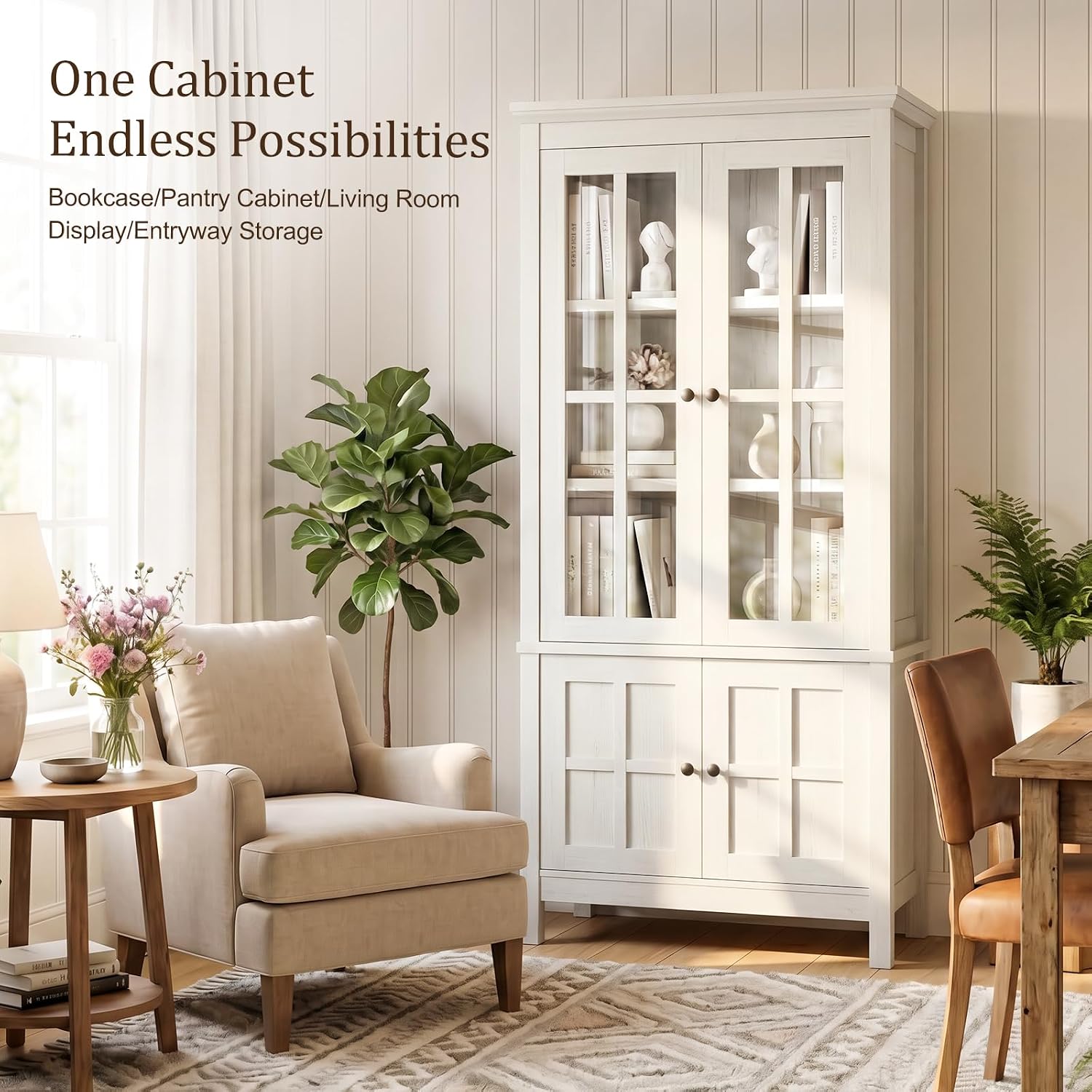 63" Kitchen Pantry Cabinet with Glass Doors & Hidden Storage, Farmhouse Display Kitchen Hutch Cupboard with Adjustable Shelves for Dining Room, Living Room Home Office, Rustic White