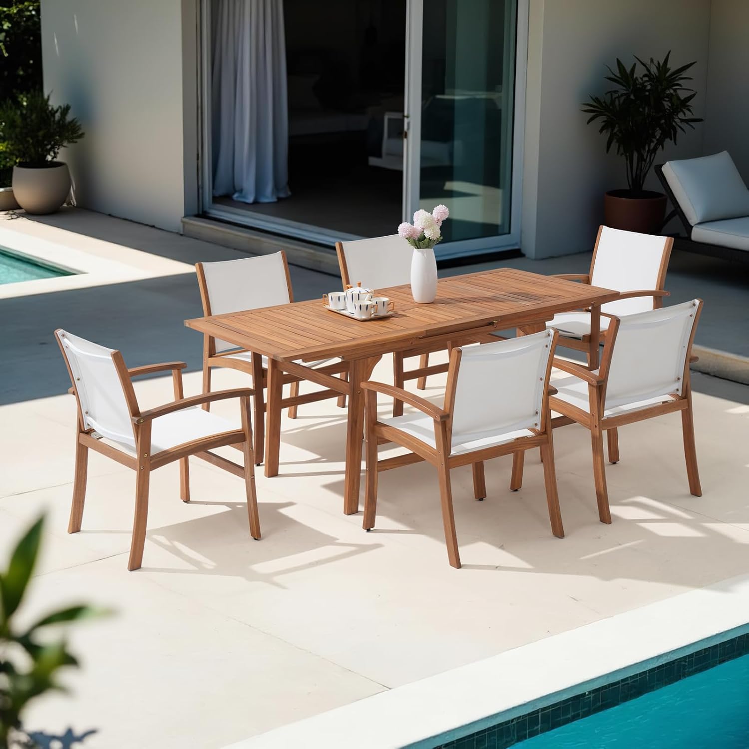 Acacia Wood Patio Dining Chairs Set (White, 8 Pieces) | Outdoor Chair Set with Breathable Textilene Fabric, Metal Support Bars, Curved Armrest, Supports 350lbs For Lawn, Garden