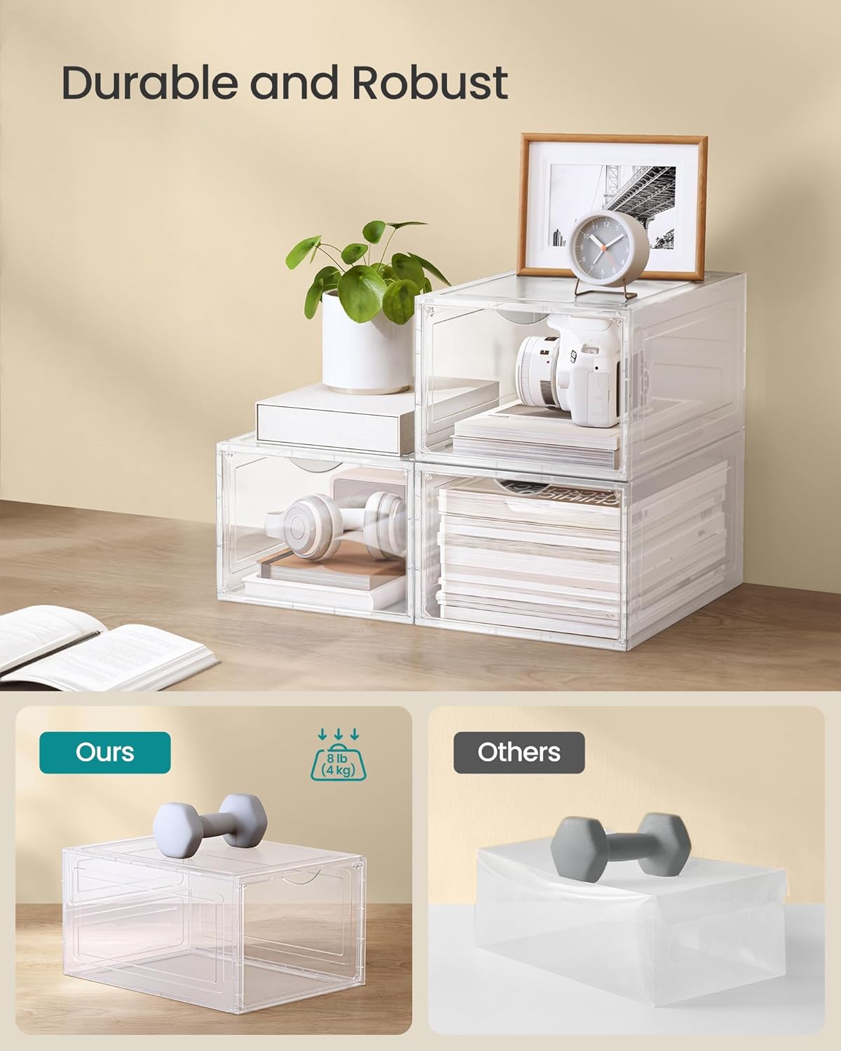 SONGMICS Shoe Boxes, Set of 12, Clear Plastic Shoe Storage, Stackable Sneaker Box, Drop Front Door, Up to US Size 11, Easy Assembly, 13 x 9.8 x 7.1 Inches, Transparent White ULSP032W12