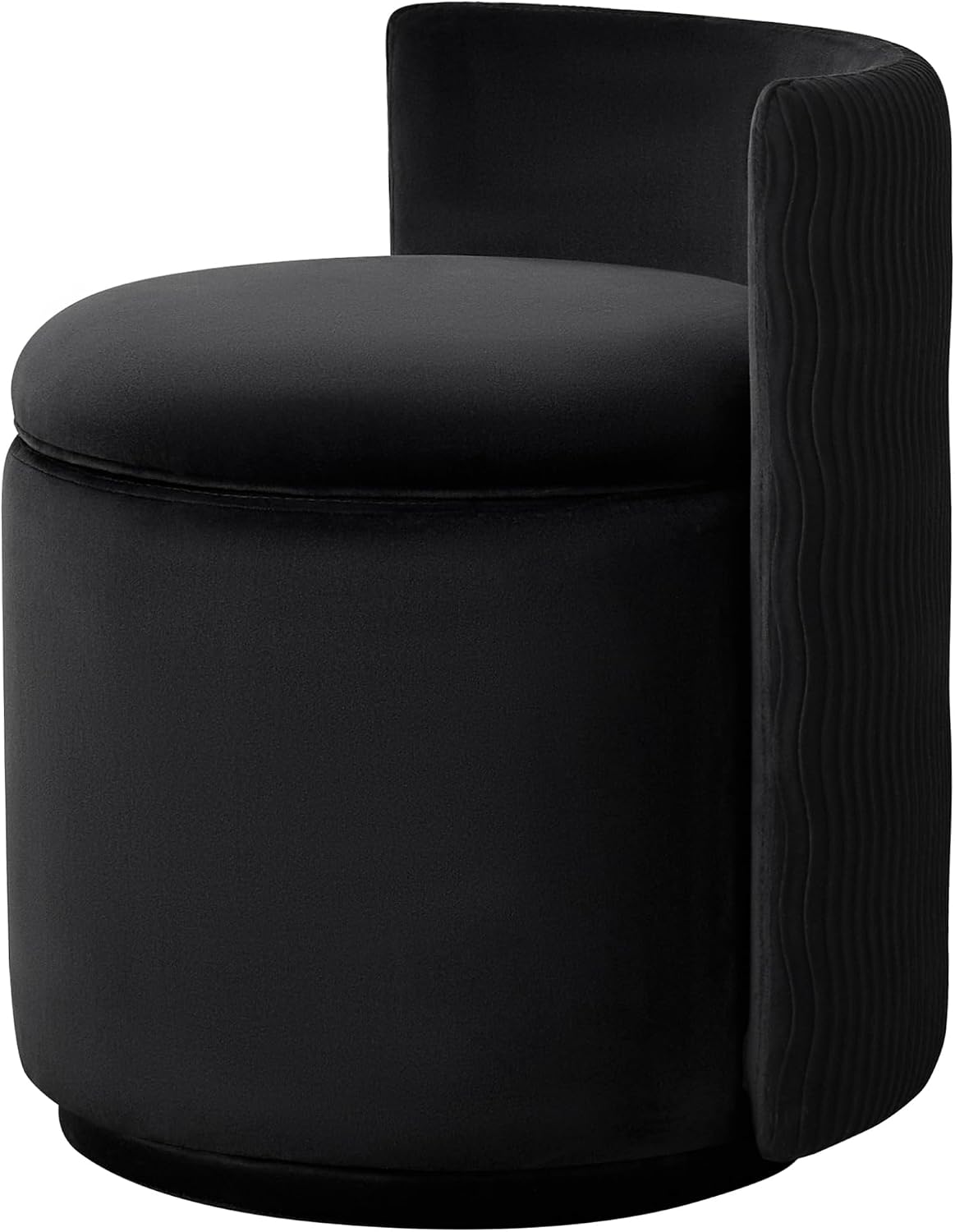 360° Swivel Velvet Vanity Chair with Storage, Barrel Makeup Chair with Wave Back, No Assembly Vanity Stool Small Accent Chair for Living Room, Black