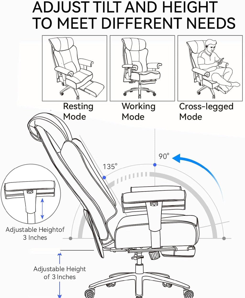 Efomao Big and Tall Executive Office Chair 400lbs - White Desk Chair for Women with Footrest, 24" Wide Ergonomic Pocket Spring Cushion Seat, Heavy Duty Computer Chair for Home Office, Gaming