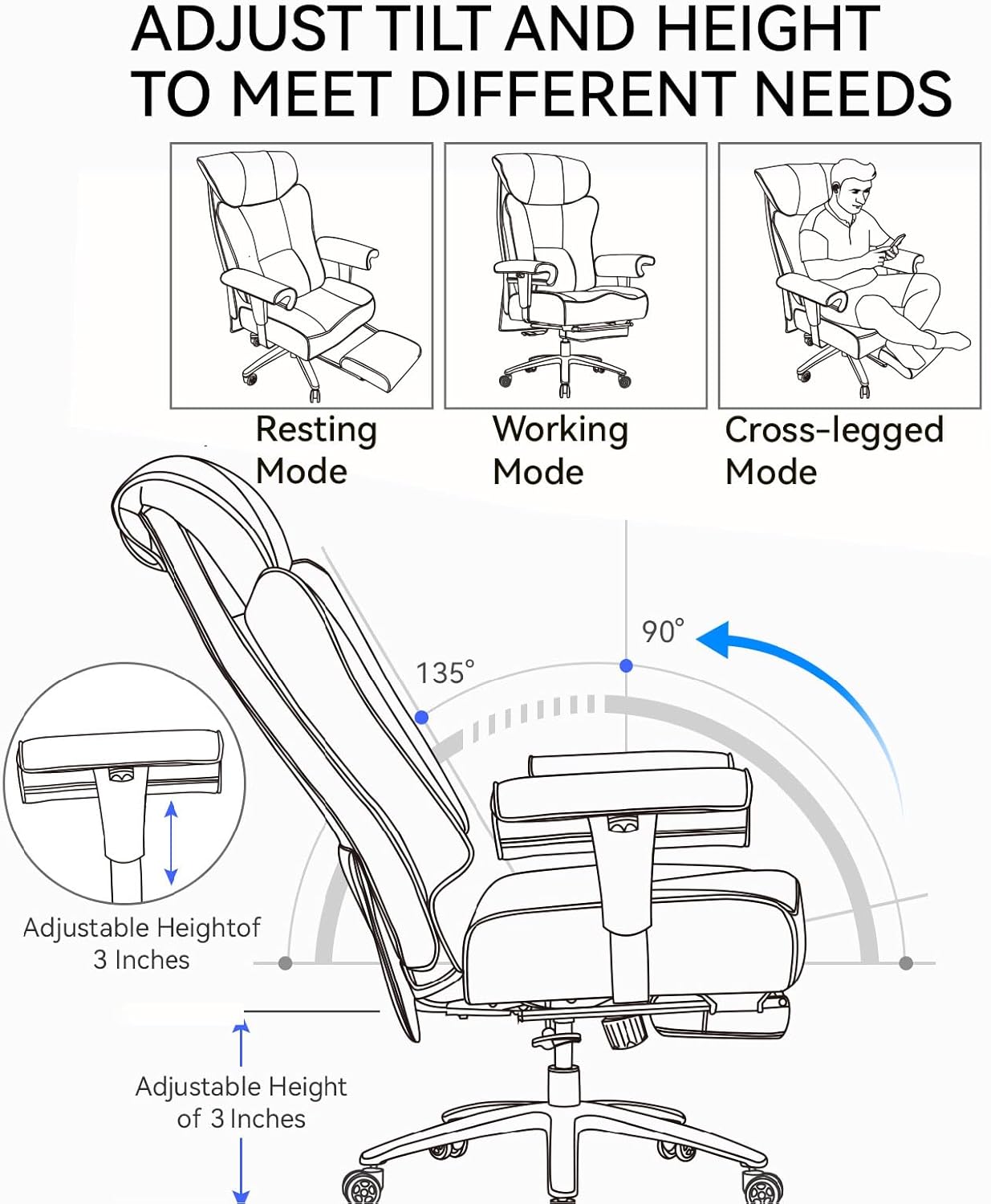 Efomao Big and Tall Executive Office Chair 400lbs - White Desk Chair for Women with Footrest, 24" Wide Ergonomic Pocket Spring Cushion Seat, Heavy Duty Computer Chair for Home Office, Gaming