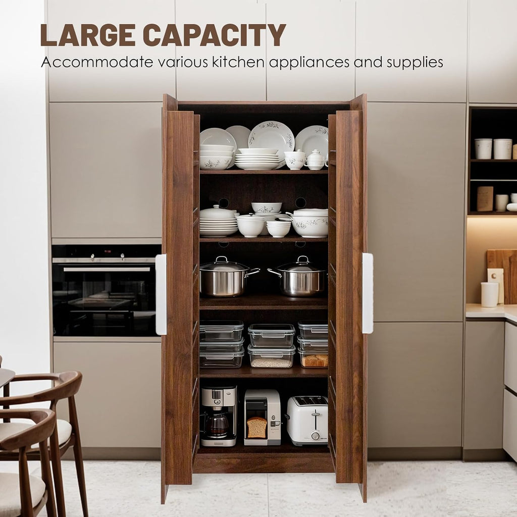 62.99'' Walnut Kitchen Pantry Cabinet Tall Freestanding Pantry Storage Cabinet with Doors and Shelves Buffet Cupboards Sideboard Tall Kitchen Pantry Storage Cabinets Food Pantry for Living Room
