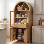 71'' Tall Arched Kitchen Pantry Cabinet with Glass Doors, Oak Finish Fluted Storage Cabinet with Adjustable Shelves & Drawer, China Cabinet for Kitchen, Dining Room