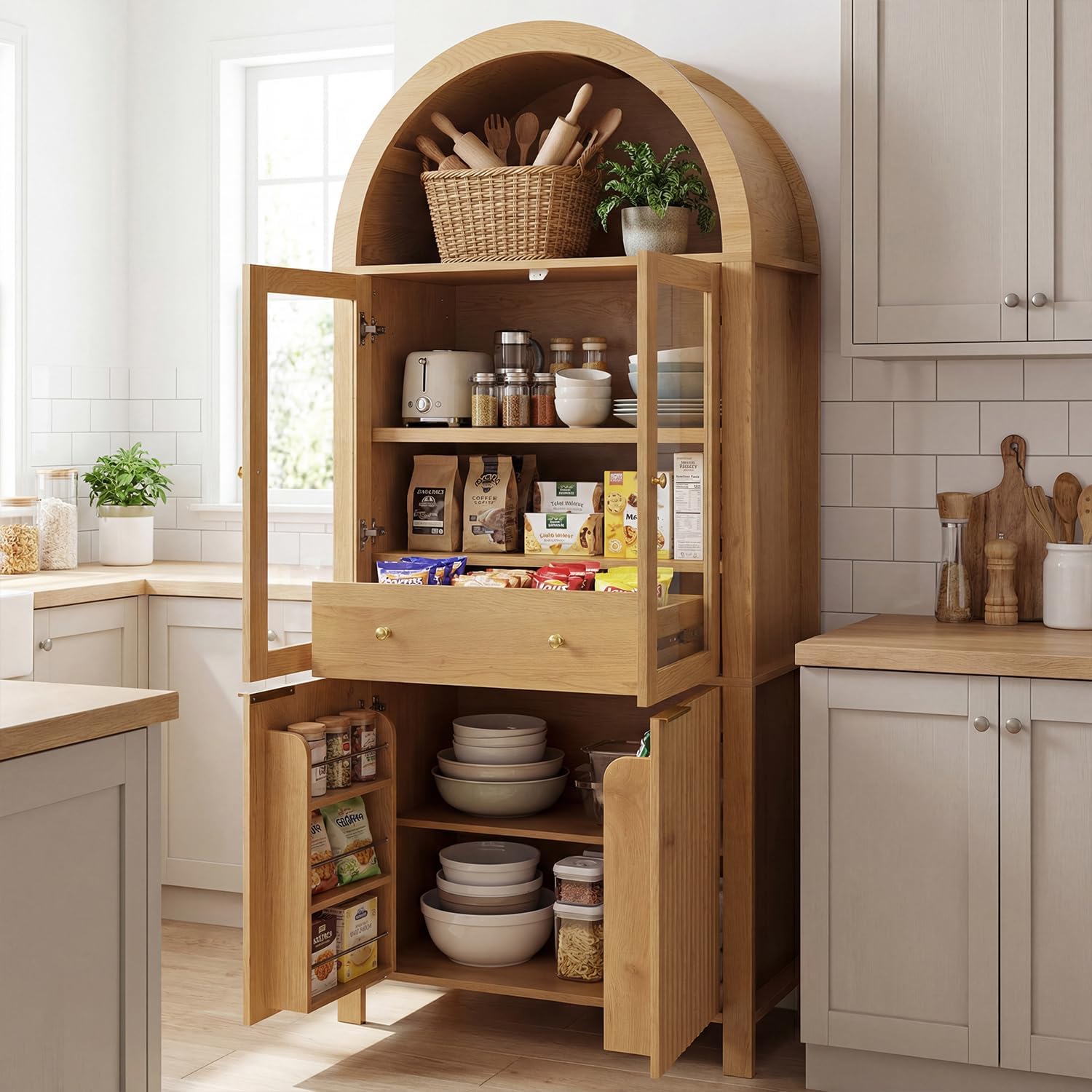 71'' Tall Arched Kitchen Pantry Cabinet with Glass Doors, Oak Finish Fluted Storage Cabinet with Adjustable Shelves & Drawer, China Cabinet for Kitchen, Dining Room
