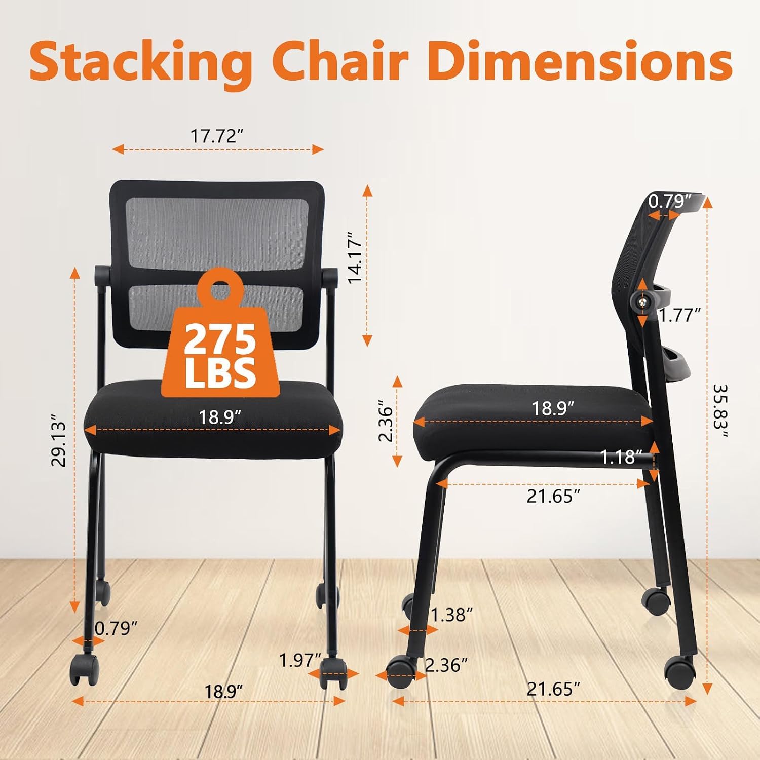 CLATINA 12PK Mesh Stacking Office Desk Chairs with Wheels, Portable Stackable Bulk Waiting Room Armless Chair with Adjustable Back & Fabric Seat for Guest Lobby Side School Church Conference Break
