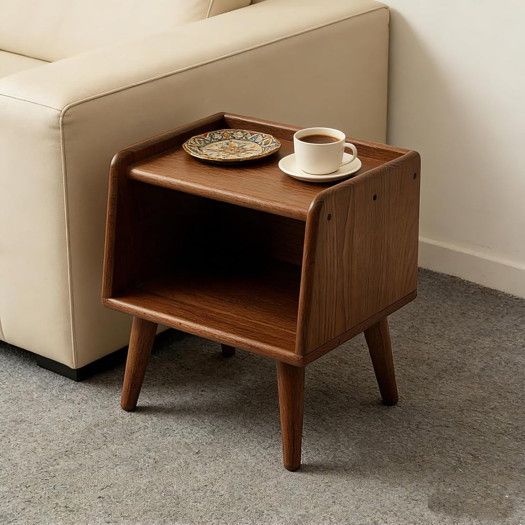Solid Beech Wood End Tabld Nightstand Bedside Table Modern Night Stand Minimalist Bedside Storage Cabinet Wooden End Table for Bedroom (Walnut,1)
