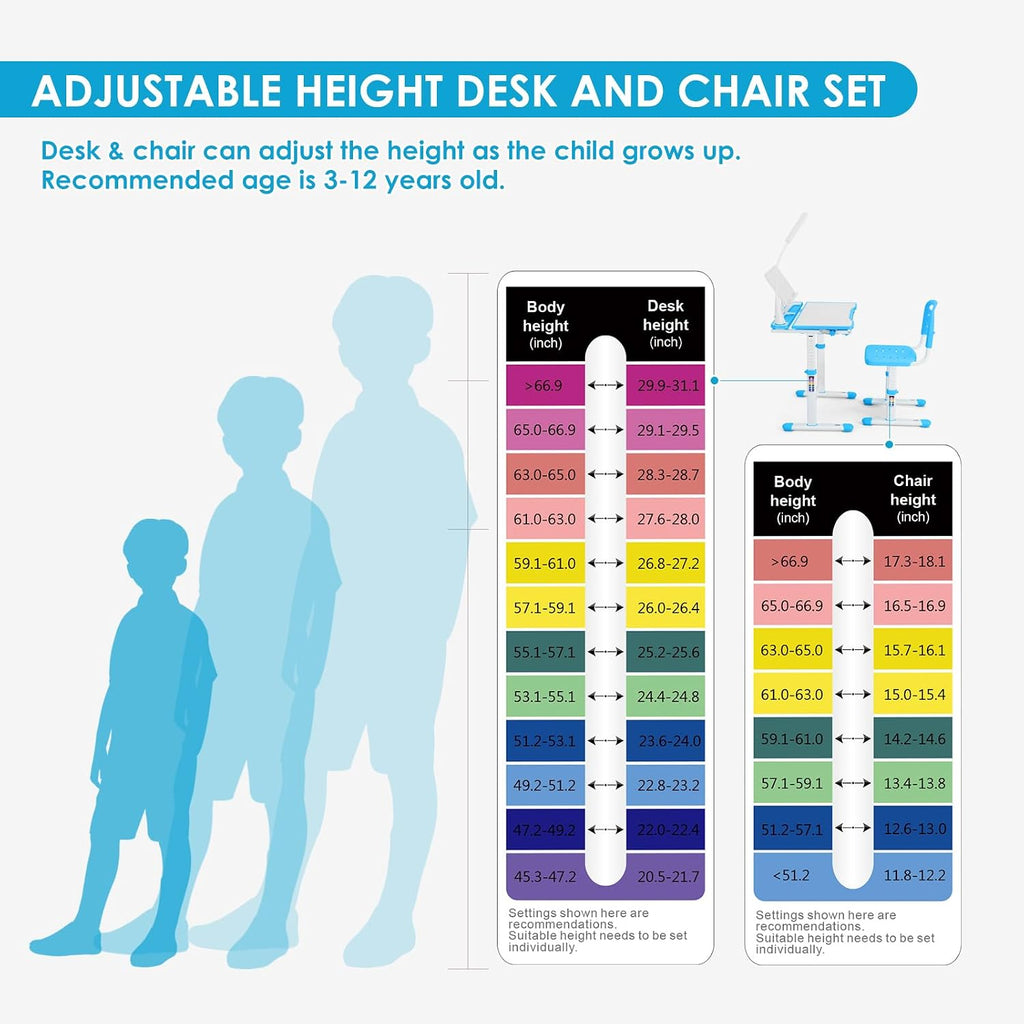 Artist hand Kids Desk and Chair Set, Ergonomic Height Adjustable Kids Desk with Tiltable Desktop, LED Light & Pull-Out Drawer, Kids Drawing Table Study Desk for Kids 3-12 Boys Girls, Blue