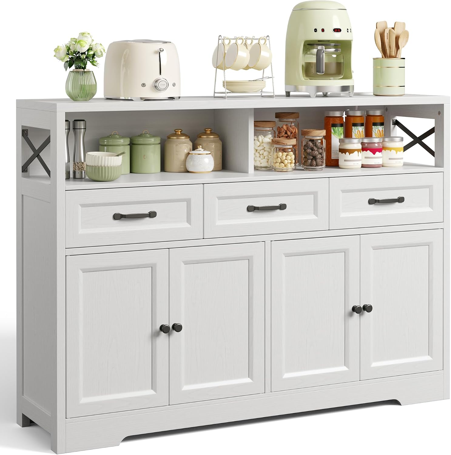 Ahomly 51" Buffet Cabinet with Adjustable Storage, Charging Port - 3 Drawers & 4 Doors Large Sideboard, Multi - Scene Coffee Bar/Microwave Stand for Kitchen,Living Room,Entryway（White）