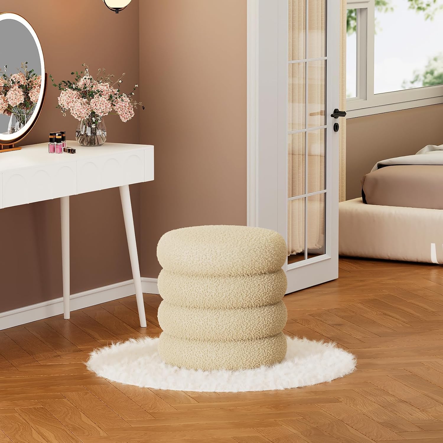 Soft Teddy Round Ottoman with Tray, 17.5 Inches Ottoman Coffee Table with Storage for Living Room, Vanity Stool with Storage Bedroom, Load up to 300 lb, No Assembly Required (Beige)