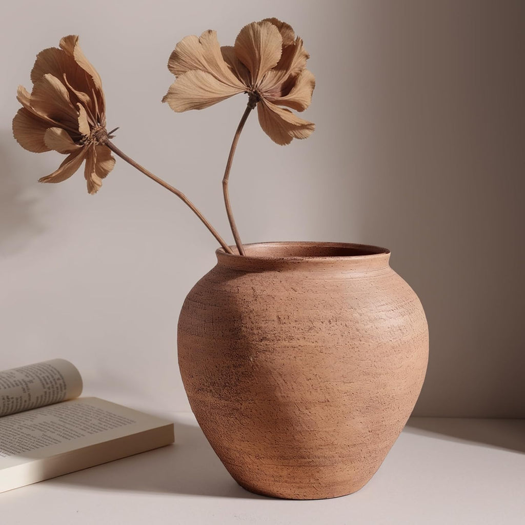 Rustic Terracotta Ceramic Vase, 6.7” Wabi-Sabi Clay Flower Vase, Handmade Pottery Vase for Dried Flowers, Boho Farmhouse Table Centerpiece for Entryway, Shelf, Nightstand Decor