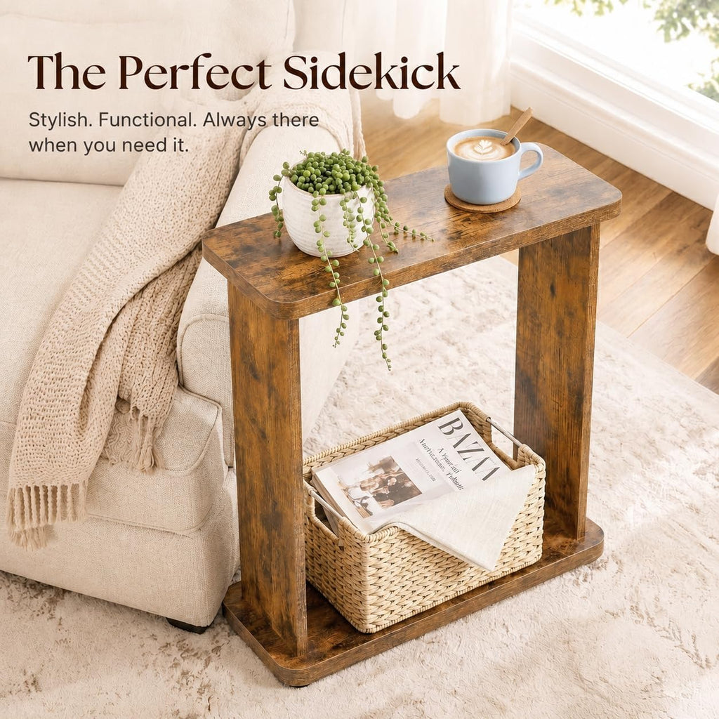 Narrow Side Table for Small Spaces, 7.9" Slim End Table with 2-Tier Open Storage Shelf, Modern Skinny Wood Sofa Table for Living Room, Bedroom, Nightstand, Couch (Rustic Brown)
