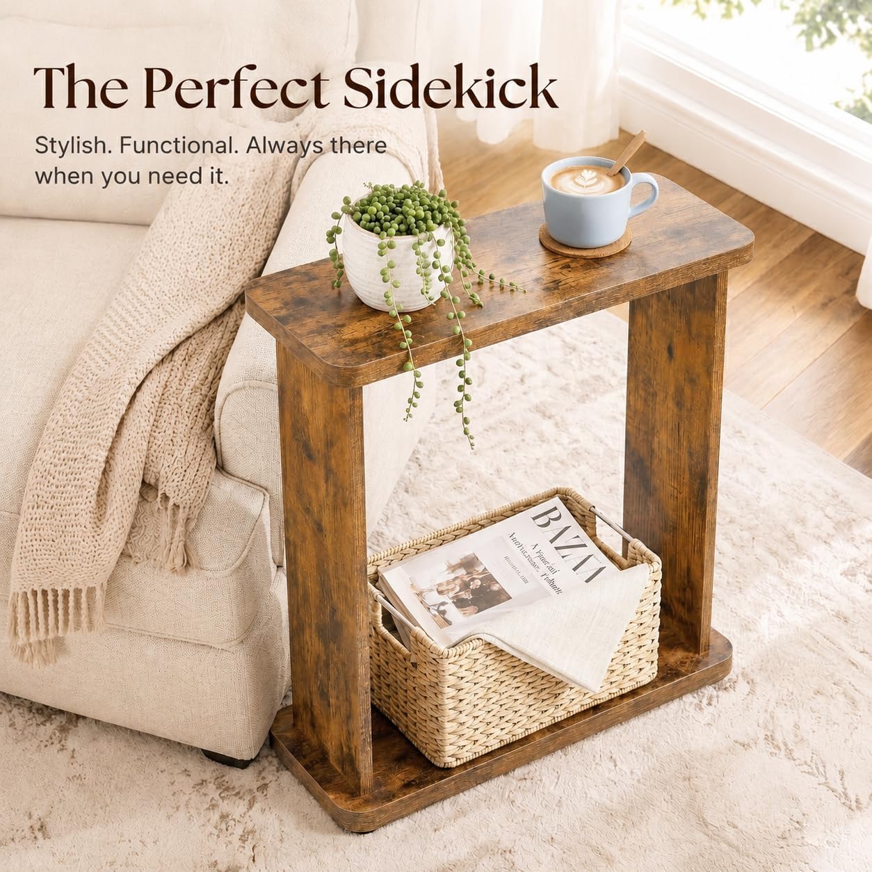 Narrow Side Table for Small Spaces, 7.9" Slim End Table with 2-Tier Open Storage Shelf, Modern Skinny Wood Sofa Table for Living Room, Bedroom, Nightstand, Couch (Rustic Brown)