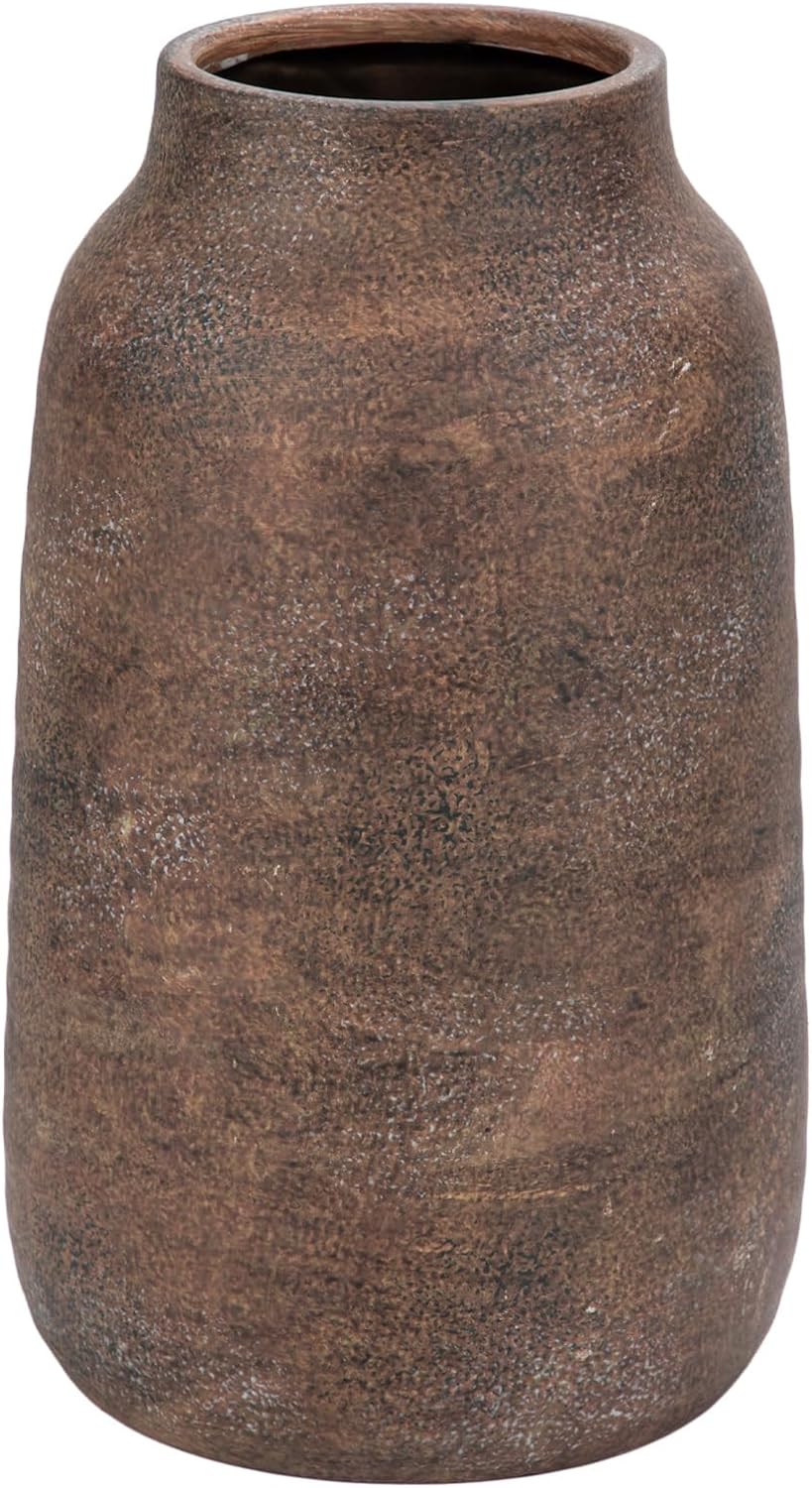 Briful Tall Rustic Ceramic Vase 9.6” – Vintage Distressed Pottery Flower Vase with Antique White-Wash Finish – Farmhouse Table Decor & Shelf Accent (Not Waterproof), Brown