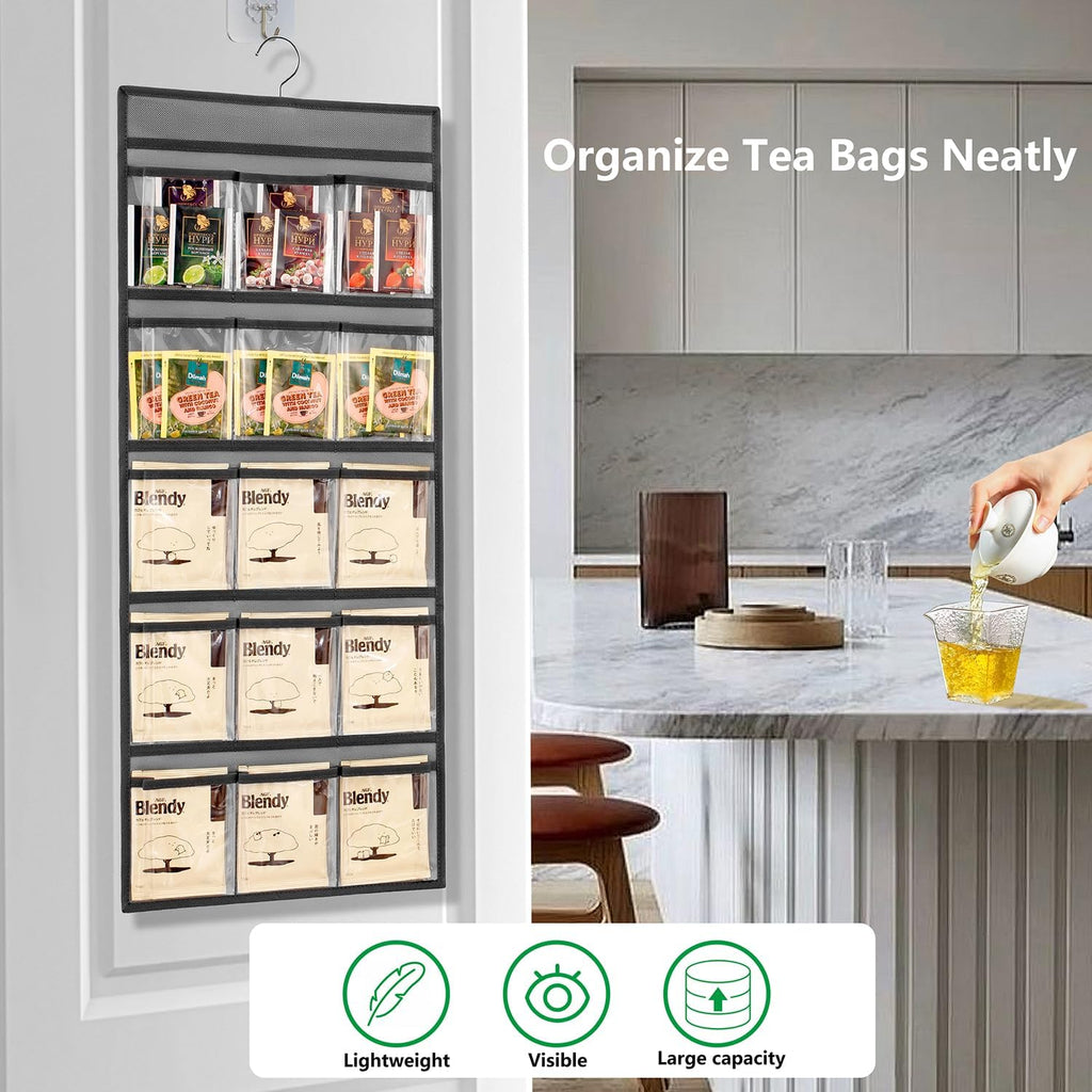 2 Pcs Hanging Tea Bag Organizer Coffee Packet Holder Tea Storage Organizer Multi-Functional Kitchen Organizer with 15 Clear Pockets (Grey)