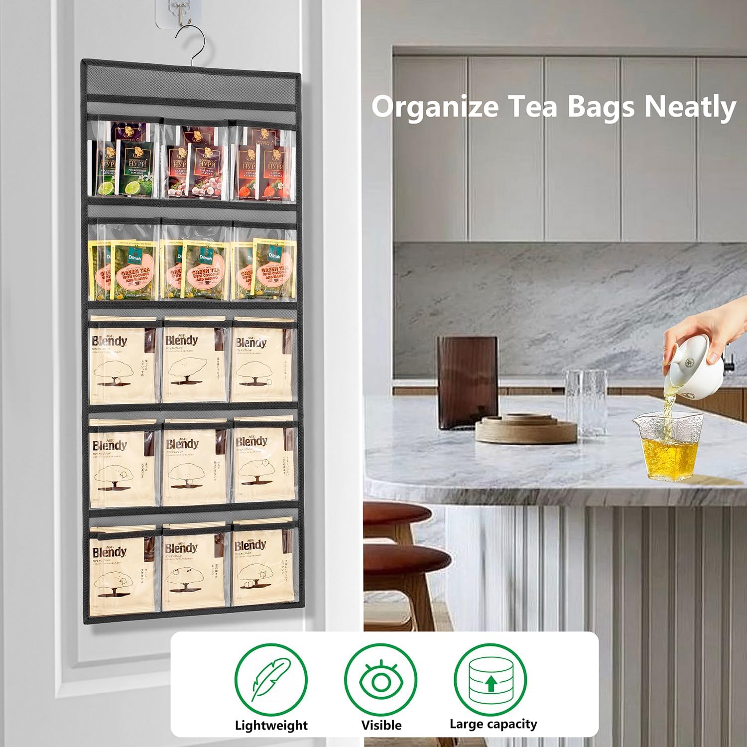 2 Pcs Hanging Tea Bag Organizer Coffee Packet Holder Tea Storage Organizer Multi-Functional Kitchen Organizer with 15 Clear Pockets (Grey)