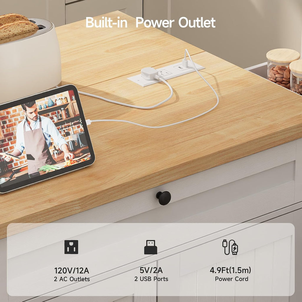 ComfyCorner 60" Rolling Large Kitchen Island on Wheels with Extendable Table, Drop Leaf & Power Outlet, Mobile Kitchen Cart with Storage Cabinet, 2 Drawers, Spice Rack, Towel & Knife Holder, White