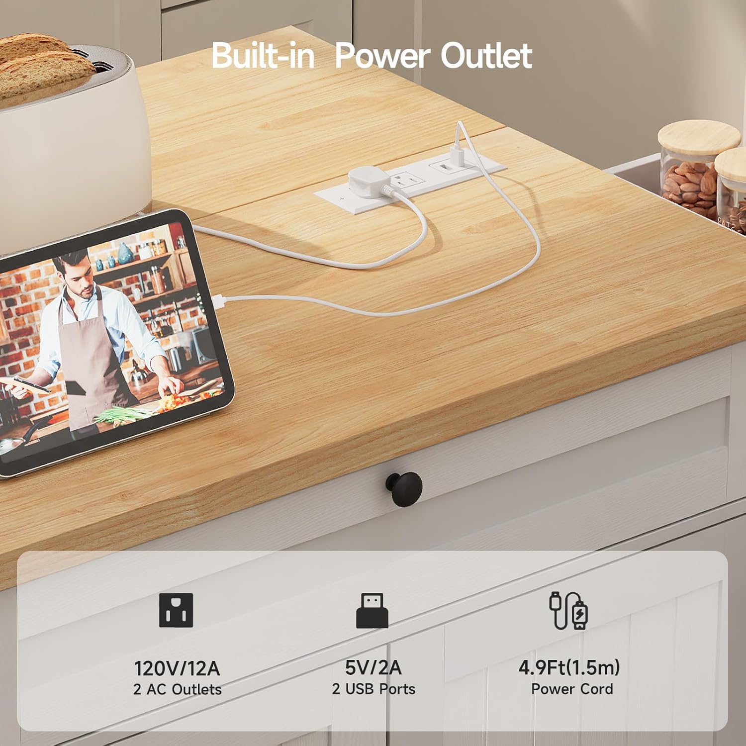 ComfyCorner 60" Rolling Large Kitchen Island on Wheels with Extendable Table, Drop Leaf & Power Outlet, Mobile Kitchen Cart with Storage Cabinet, 2 Drawers, Spice Rack, Towel & Knife Holder, White