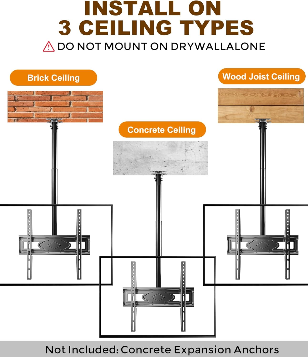 39” Ceiling TV Mount for 26-65 Inch LCD LED OLED 4K TVs, Heavy Duty Hanging TV Ceiling Mount Bracket with Height Adjustable Extension Pole for Home Patio Gazebo, Max VESA 400x400mm, Holds 110lbs