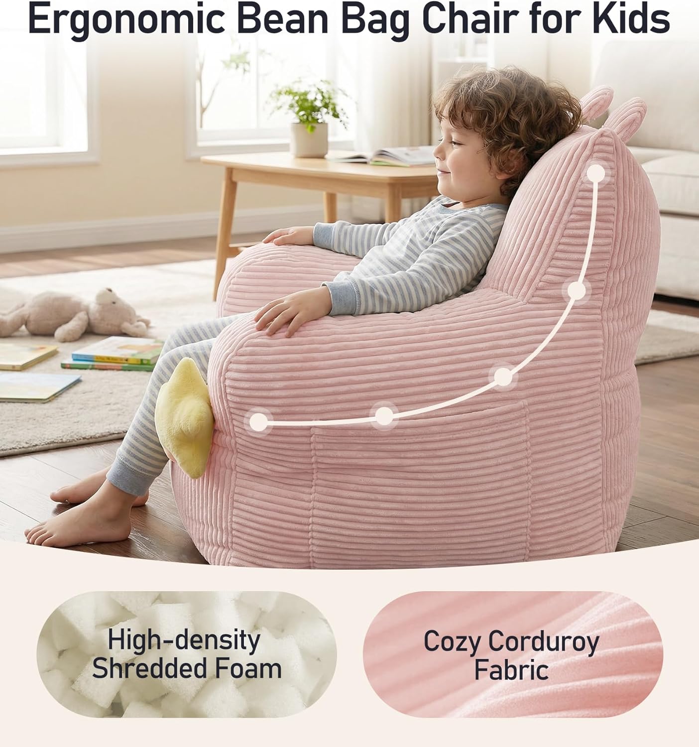 little dove Bean Bag Chairs for Kids, Comfy Bean Bag Chair with 2 Plush Toys, Toddler Chair with Pocket, Stuffed Lazy Sofa with Filler for Boys and Girls, Kids Chairs for Gaming, Reading, Pink