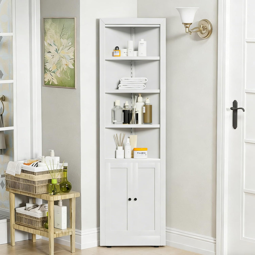 Tall Corner Pantry Cabinet for Living Room, 71 Inch 5-Tier Metal Corner Kitchen Cabinet, Adjustable Shelves, Floor Corner Bathroom Cabinet with Storage Shelves for Laundry Room, Space Saving, White