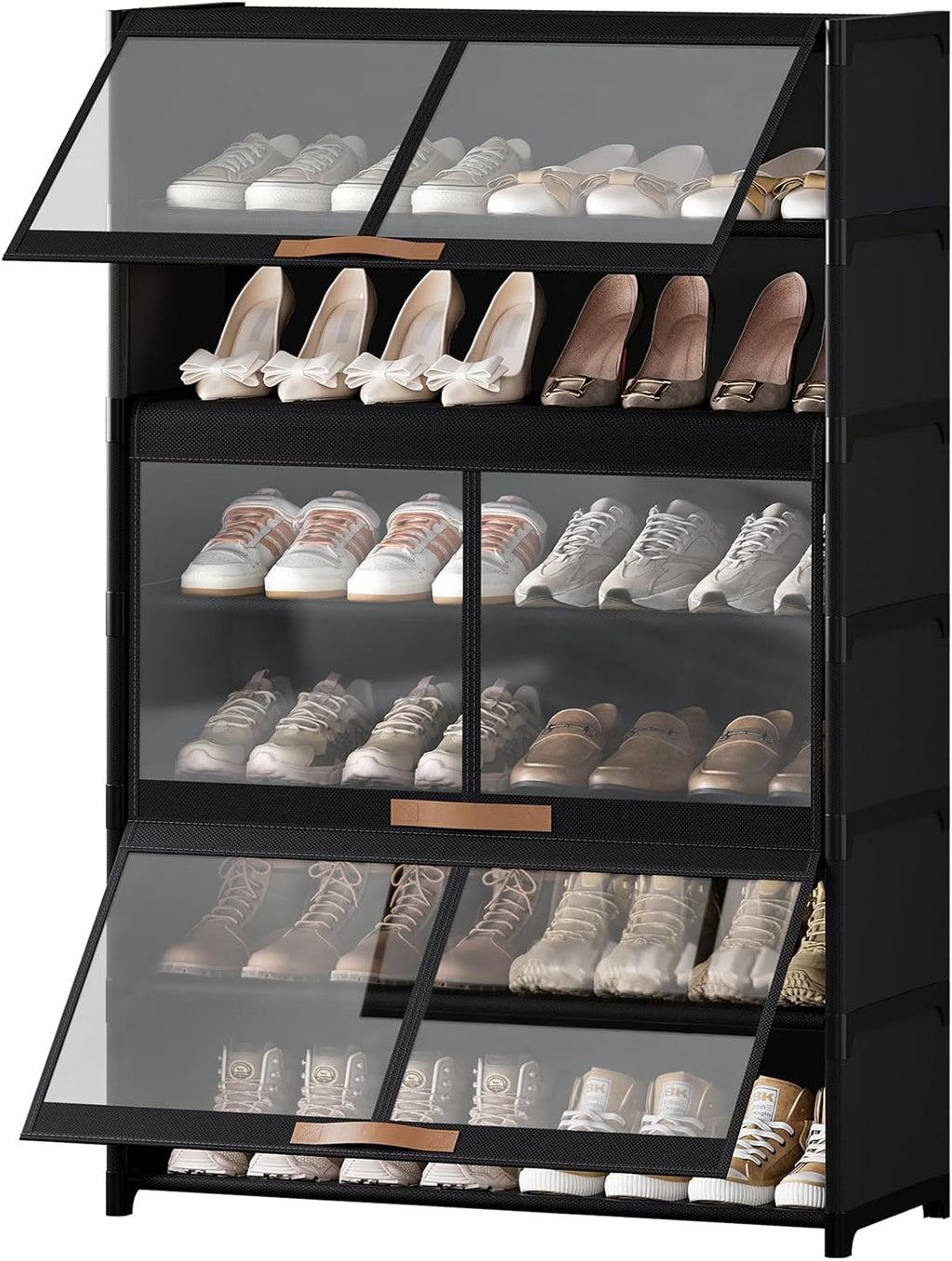 Shoe Rack, 7 Tier Shoe Storage Cabinet with Doors, 28 Pair Shoe Shelves Organizer for Entryway Closet, Plastic Shoe Shelf with Metal Frame for Bedroom Hallway, Black