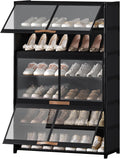 Shoe Rack, 7 Tier Shoe Storage Cabinet with Doors, 28 Pair Shoe Shelves Organizer for Entryway Closet, Plastic Shoe Shelf with Metal Frame for Bedroom Hallway, Black