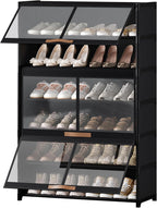 Shoe Rack, 7 Tier Shoe Storage Cabinet with Doors, 28 Pair Shoe Shelves Organizer for Entryway Closet, Plastic Shoe Shelf with Metal Frame for Bedroom Hallway, Black