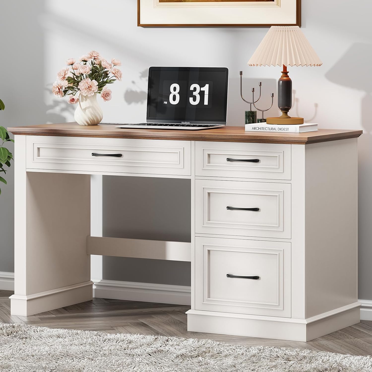 Halitaa Farmhouse 47" Executive Desk, Computer Desk with Drawers and File Drawer, Workstation Computer Desk with Charging Station for Home Office,Study.Unique White