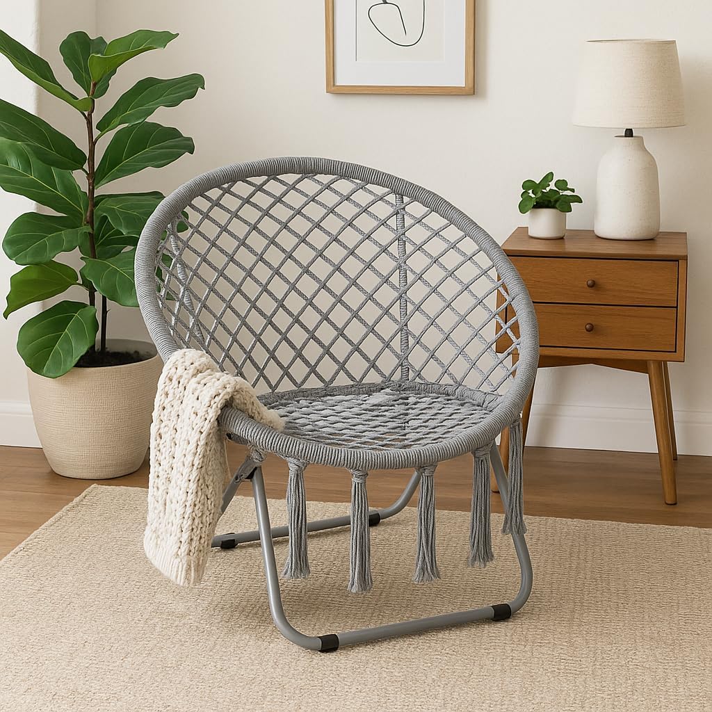 Magshion Boho Saucer Chair for Adults, Folding Chair with Tassels Cotton Rope Mesh, Cozy Moon Chair for Indoor Outdoor Home, Garden, Patio, Yard Decor and Relaxation (Grey, Set of 2)