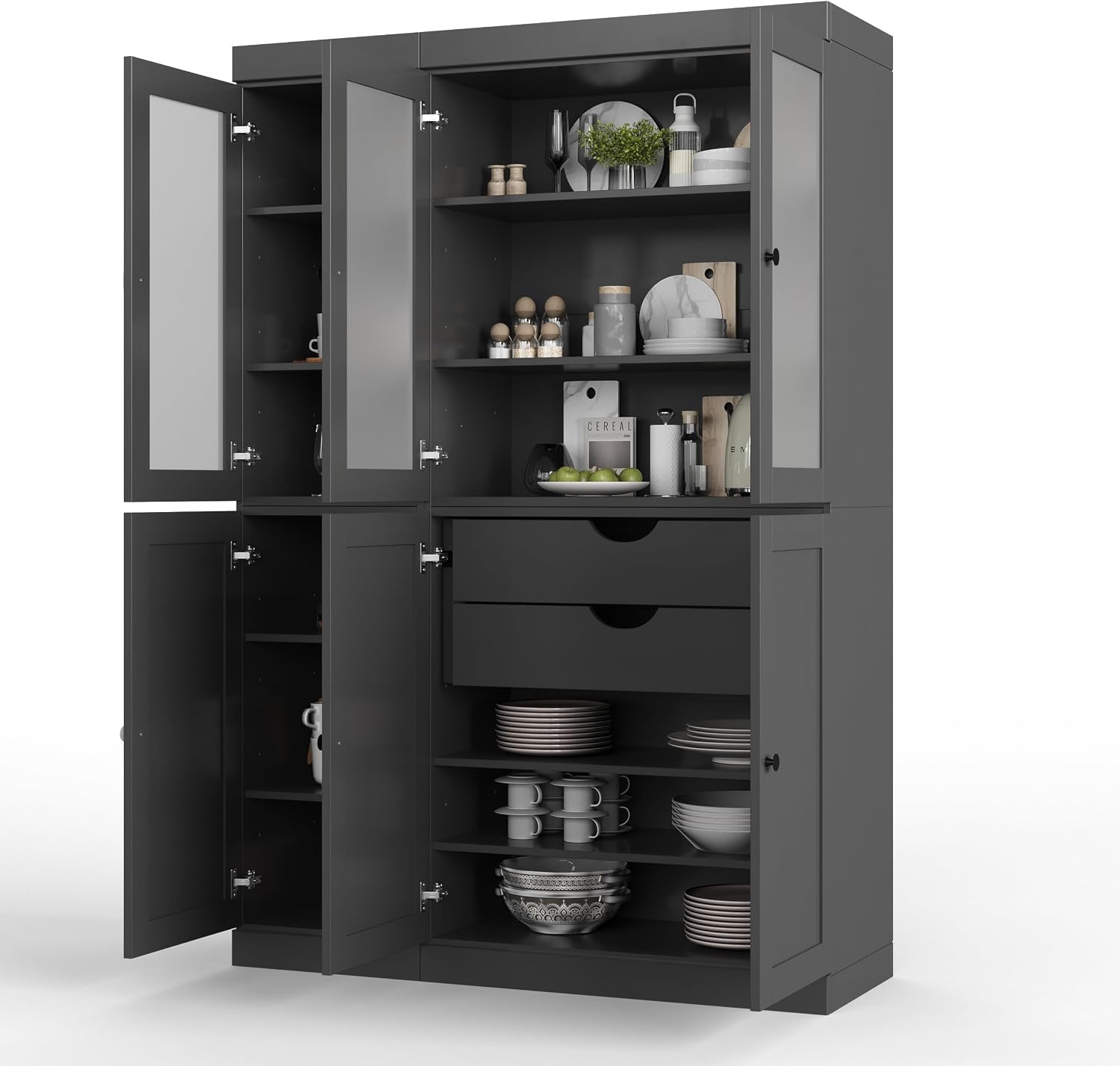 Palace Imports 100% Solid Wood 48.5"" Pantry Cabinet with Frosted Glass, Shaker Doors, 2-Drawers and Adjustable Shelves